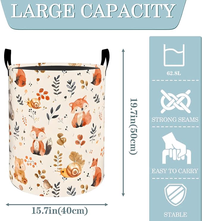 Cute Woodland Animal Autumn Laundry Basket, Dirty Collapsible Clothes Toy Organizer Hamper for Kids Adults, Oxford Cloth Waterproof Storage Bin for Room Bathroom Fall Decor Gifts, 19.7"X15.7"