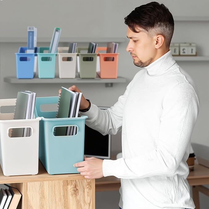 6 Pack Plastic Book Binder Holders, 6 Colors Classroom Storage Bins with Handles, Stackable Organizing Bins for Library Home Office, 13.6X5X7.1 Inch