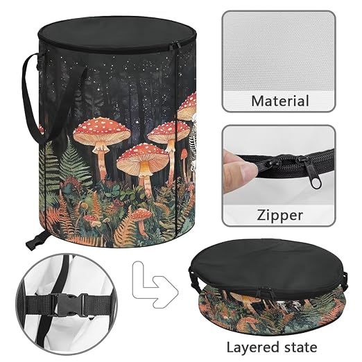 BIGCARJOB Mushroom Print Big Trash Can with Lid, 22.83x17.71, Outdoor Recycling Bin Large Trash Can Outdoor Garbage Storage Bag for Outside Camping Travel Beach