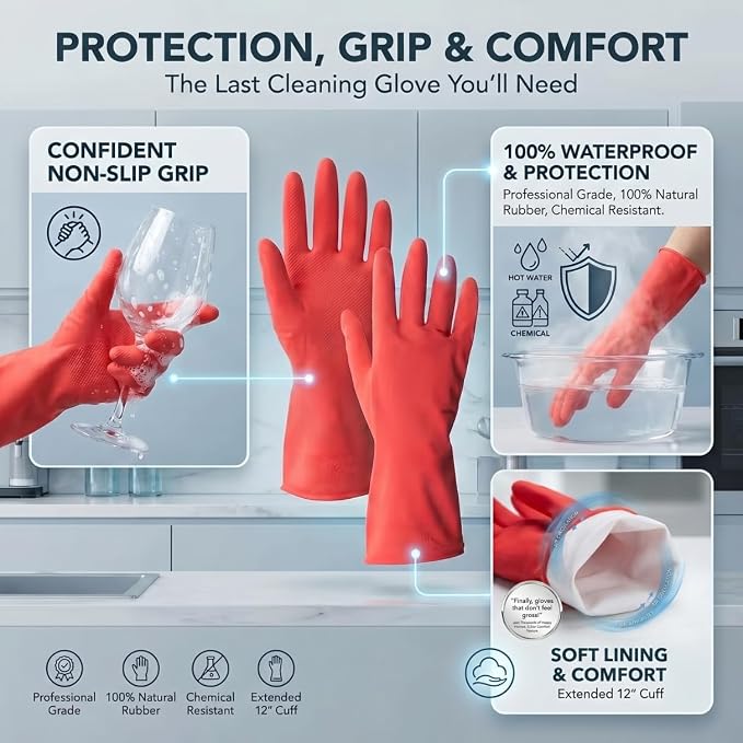 ForPro Natural Rubber Gloves, 6 Pairs Reusable Multi-Purpose Household Cleaning Gloves with Soft Inner Lining, Waterproof & Chemical-Resistant, Wild Cherry, X-Large