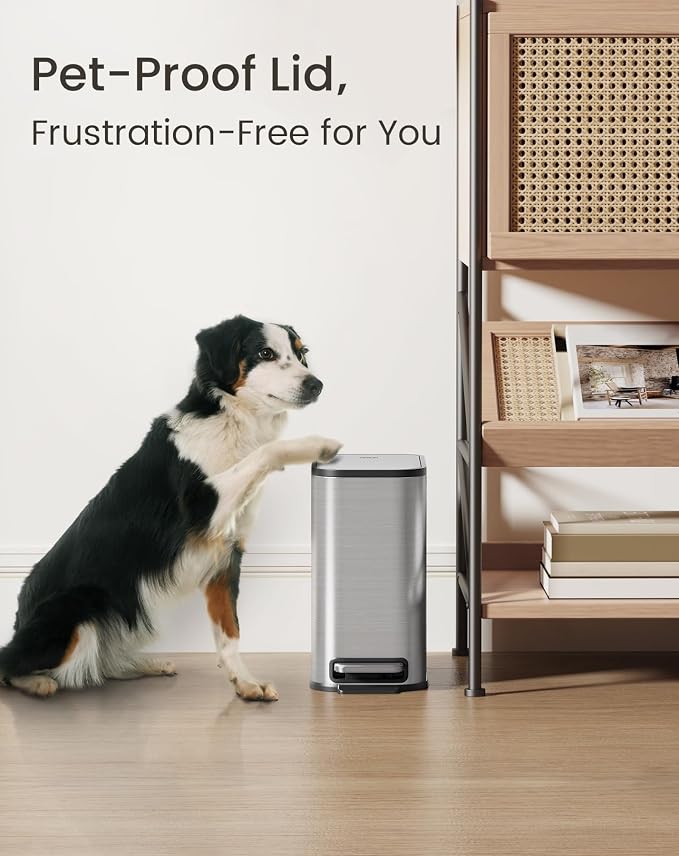 Cesun Small Bathroom Trash Can with Lid Soft Close & Pedal, 1.3 Gal, Silver | Removable Inner Bucket, Slim Stainless Steel Garbage Can for Bedroom/Office, Included 5 Trash Bags, Hidden Bag, Built to Last