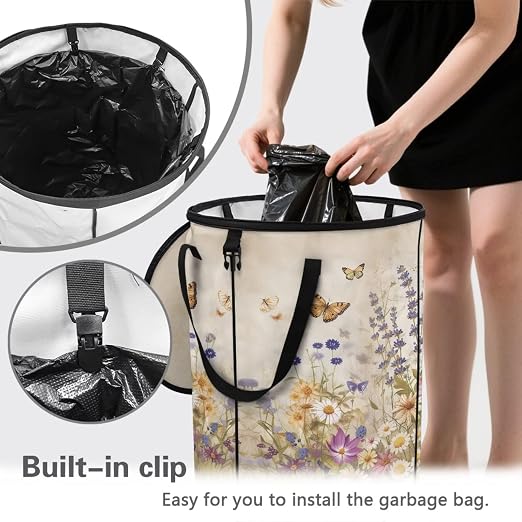 Daisy Butterfly Outdoor Trash Can with Lid Collapsible Camping Pop up Trash Can 24 Gallon Waterproof Foldable Garden Garbage Bin for Camping Hiking Backyard Parties 23 x 18 inch