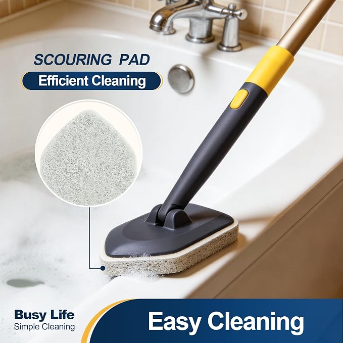 Yocada Tub Tile Scrubber Brush 2 in 1 Cleaning Brush 58.2" Telescopic Pole | Stiff Edge Bristles 4*Scouring Pads for Bathroom Shower Floor Corner Cleaning Non Scratch