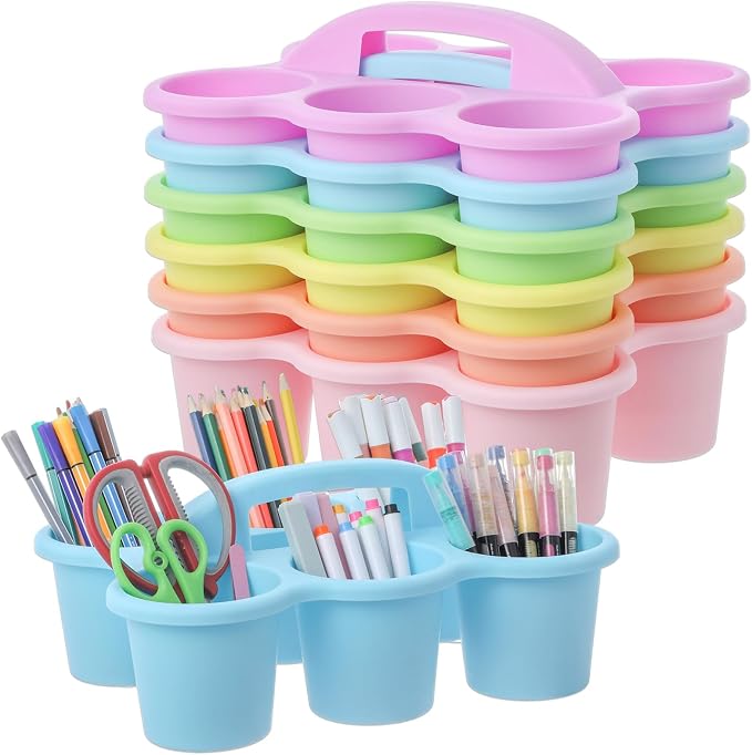 6 Pack Classroom Caddy Organizer with Handle, 6 Compartments, Pastel | Stackable Plastic Table Caddies, 12x9x3.5 In, caddy Organizer for School Supplies, Crayons, Pencils, Crafts and Drink Cups