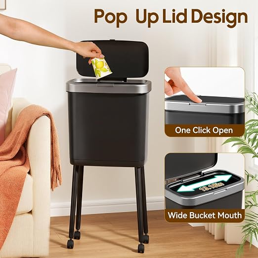 Laundry Waste Basket with Wheels and Lid, High Foot 4 Gallon Narrow Garbage Can with Silver Edge, Pop Up Lid Pet Waste Trash Can with Legs, Black Plastic Garbage Bin for Kitchen, Bedroom, Toilet