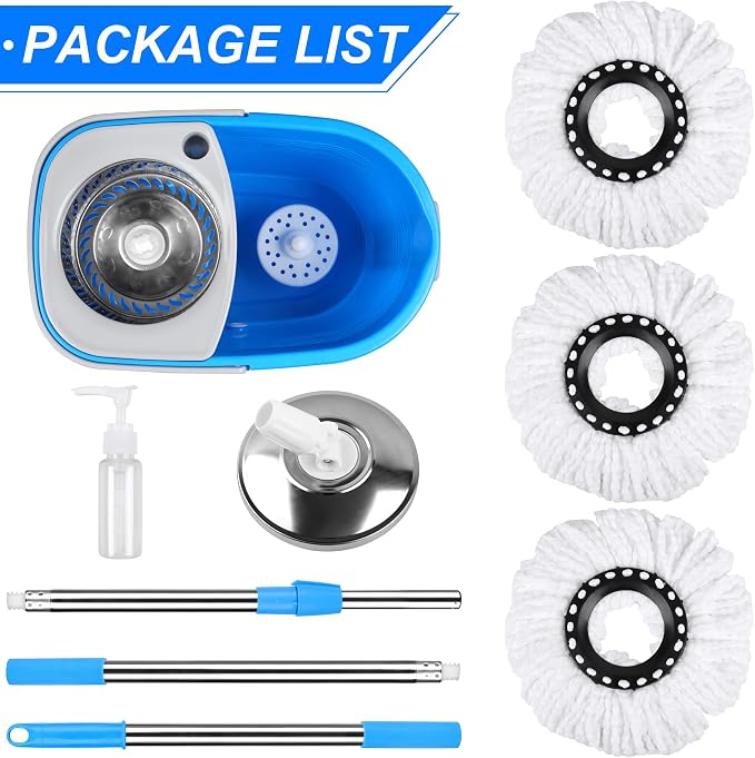 Spin Mop and Bucket with Wringer Set, 3 Mop Heads, 61" Adjustable Handle | 360° Spinning Mop Bucket System with 3 Microfiber Mop Heads & 61" Stainless Steel Adjustable Handle for Floor Cleaning