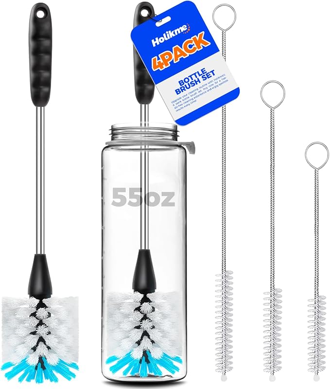 Holikme 4 Pack Bottle Brush 14" Stainless Steel Straw Cleaner Brush,Blue | Bottle Cleaner Brush, 3 Straw Cleaner Brush, Bottle Cleaning Brush for Water Bottle Cups Straw Cleaner Brush