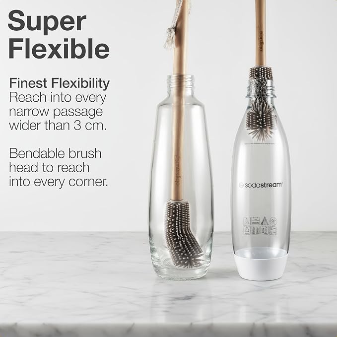 16" Extra Long Bamboo Bottle Brush with Plastic-Free Silicone Head | Cleans deep bottles effortlessly. Ergonomic bamboo handle and flexible silicone brush head. Hygienic hang cord.