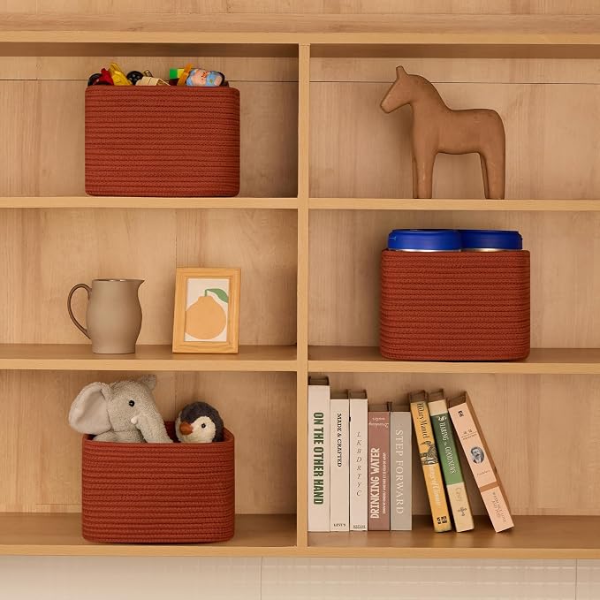 MiniArk Small Organizing Baskets for Cubes Shelf, 9.7x9.7x7.1 Inch Rope Woven Storage Bins for Nursery Shelves Storage, Cute Toy Basket, Square 3 Packs Oxide Red