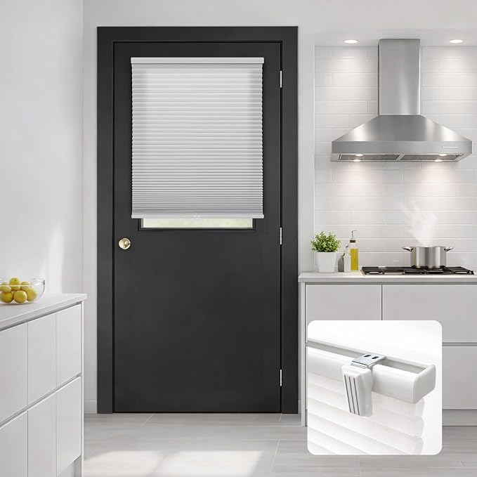 DEZ FURNISHINGS Cordless No Tools No Drill 1.5" Magnet Light Filtering Shades for Metal Doors, 27" W x 72" H, Gray Cloud