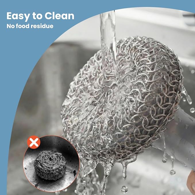 Cast Iron Scrubber with Long Handle Dish Scouring Pad Chainmail Cleaner | 316 Cast Iron Scrubber for Pan Skillet, Dishwasher Safe Cleaning Kit (Grey, 1 Scrubber + 1 Scraper)
