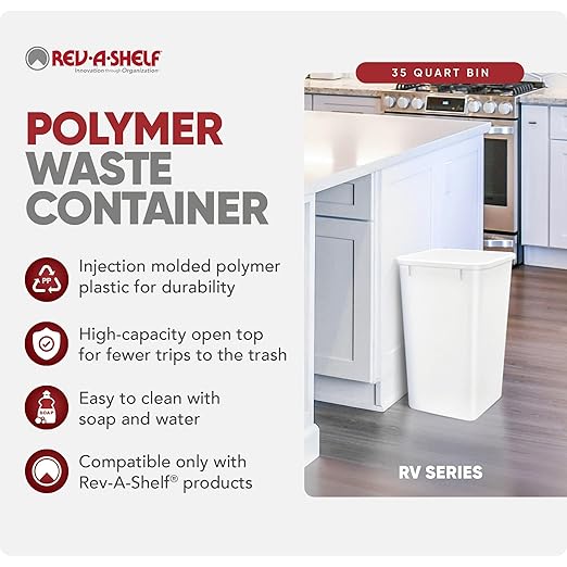 Rev-A-Shelf Double Pullout Garbage Trash Cans for Kitchen Cabinets, 35 Qt | Replacement Large Capacity Waste/ Recycling Bins for Kitchen Cabinet Pullouts, White, RV-35-52