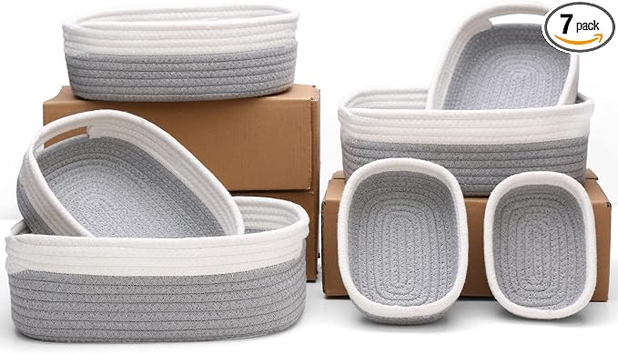 7 Piece Cotton Rope Woven Basket Set - Small Basket for Baby Nursery, Pets, Montessori, Dog & Cat Toy Boxes, Bathroom Organization Bins (White/Gray)