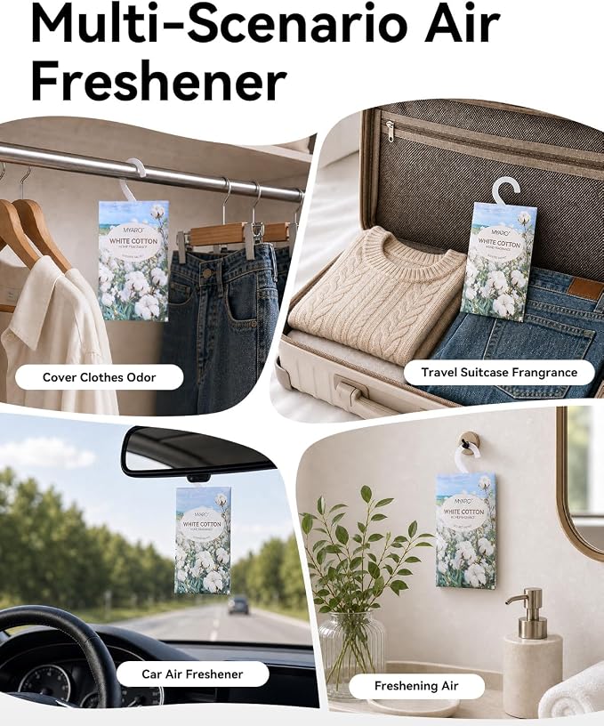 MYARO 12Pcs White Cotton Sachets Hanging Car Freshener, Closet Deodorizer | Long-Lasting Sachet Bags, Odor Eliminator for Closet, Drawer, Bathroom, Clothes, Fabric Refresher, Home Fragrance Gift Set