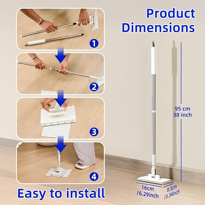 Press Grip Mini Mop with a Mini Foldable Desktop Mop, Zero-Touch Gap Dust Cleaner with 39in Stick & Clip On Locking Head, Dry Wet Disposable Dust Mop for Kitchen Wall Bathroom Toilet Corners