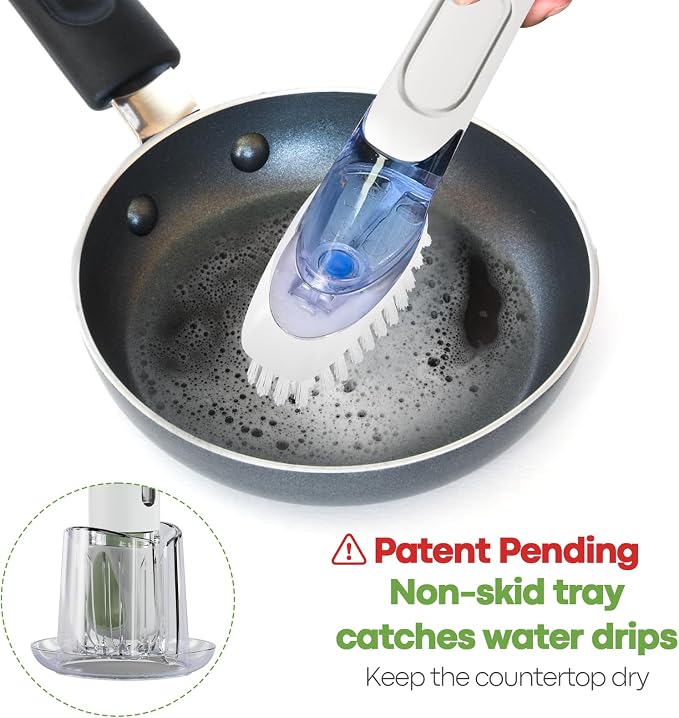 RIMAY Soap Dispensing Dish Brush Set with 2 Brush Refills and Holder | Dish Scrubber with Handle Kitchen Dishwashing Brush Dish Wand for Dishes, Pans, Pots And Sink, White