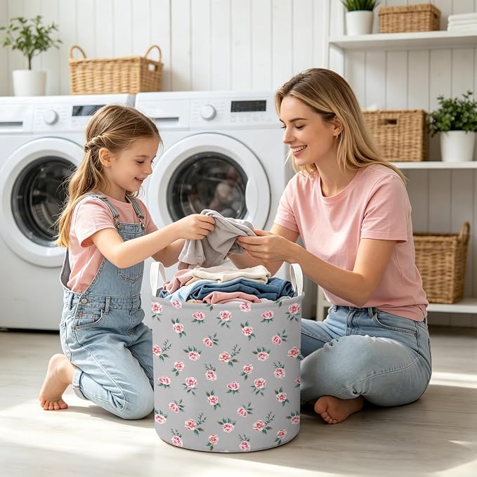 Pink Rose Kids Laundry Basket Foldable Hamper with Handles | Laundry Hamper Cute Nursery Storage Bin Baby Hamper for Girls Boys Bedroom Dorm Laundry Room Collapsible Toy Organizer