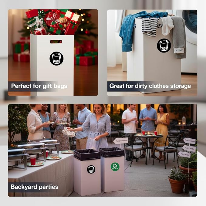 4 Pack Disposable Trash Cans for Parties, 30 Gallon Extra Large Thick Recycled Corrugated Cardboard Trash Bin, Collapsible Garbage Cans with 8 Bags for Wedding, Birthday, Backyard Party Event