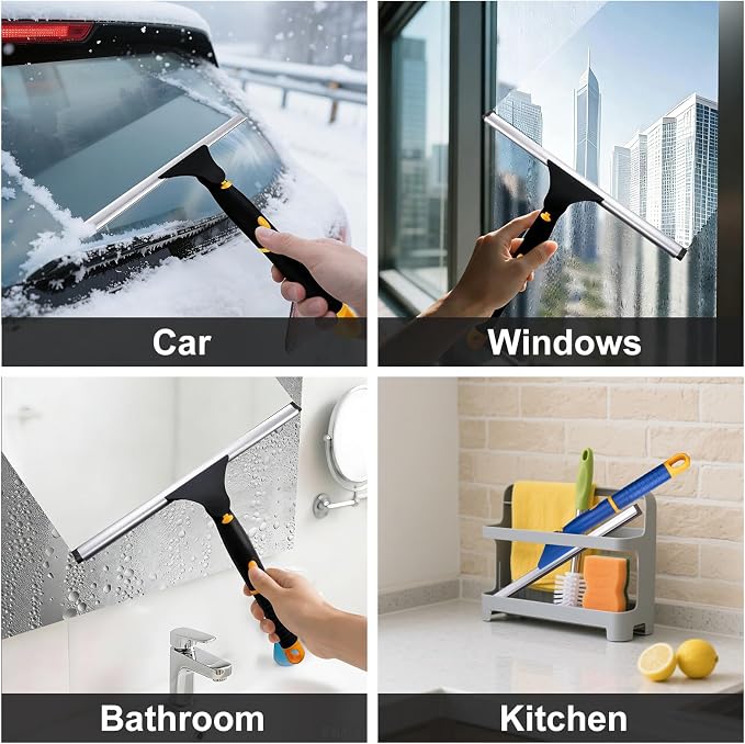 Swivel Shower Squeegee for Glass Doors, All-Purpose Anti-Slip Window Squeegee with 2 Blades, Window Cleaner Tool Bathroom Squeegee for Shower Doors, Tile Shower Walls，Mirrors,Car Windshields