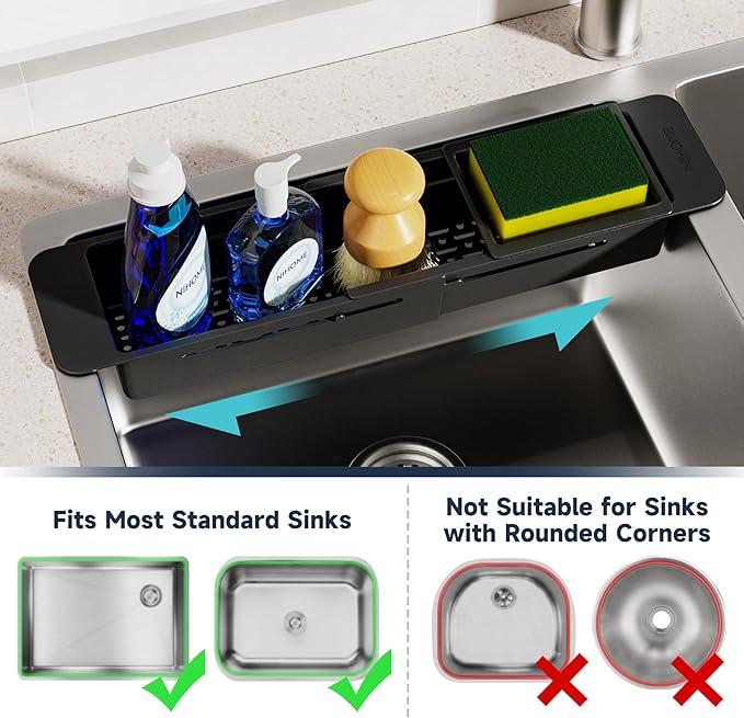 NiHome Extendable Kitchen Sink Caddy, Small Brush Sponge Storage Holder | Expandable Kitchen In Sink Organizer for Brush & Sponge with Drainage, Adjustable Length, Non-Slip Pads, Durable ABS (Black)
