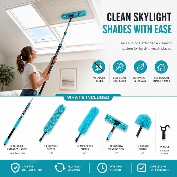 High Ceiling Duster Kit with 3-7.5T Heavy Duty Extension Pole, Reaches Up to 25FT, Includes Microfiber Feather Duster, Cobweb and Ceiling Fan Duster, Window Squeegee Cleaner & Skylight Hook (7FT)