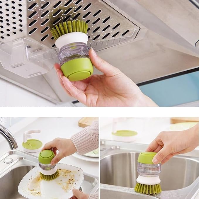 Dish Scrubber with soap Dispenser,ABS Bristle Material,Kitchen Brush with Holder for Pot Pan Sink Cleaning Green