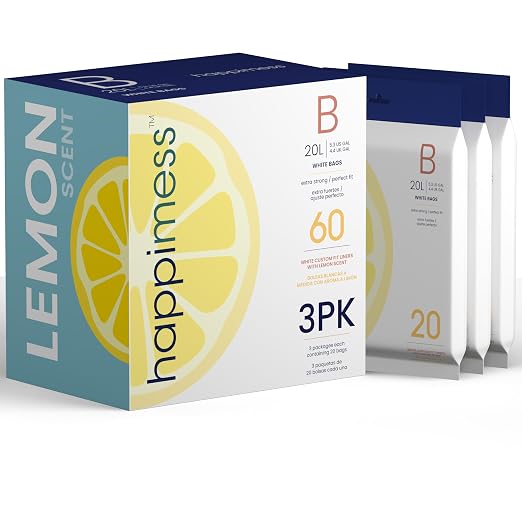 happimess 20-Count Lemon Scented 5.3 Gal Trash Bags, White, Pack of 3 | Kitchen Can Liners, Drawstring, Heavy Duty MDPE Plastic, Tear-Resistant, Recyclable, Custom Fit, Odor Control