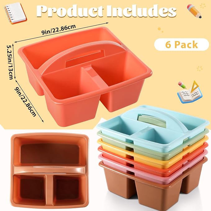 6 Pack Plastic Classroom Organizer Caddy with Handle, Boho | 3 Compartment, Portable Supply Storage Caddy, Craft Art Caddies for Pencil, Crayon, Marker, Home, Office, School Supplies