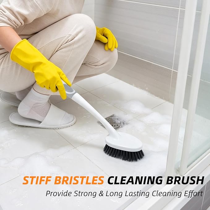 3 Pack Shower Cleaning Brush Set with Grout Cleaning Brush and Squeegee | Stiff Bristles, Ergonomic Handle, Heavy Duty Scrub Brush for Cleaning Bathroom, Shower, Bathtub, Floor, Grout, Tile, Sink