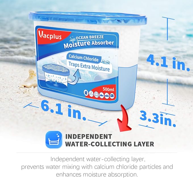 Vacplus Moisture Absorber, 10.5 OZ, Strong Absorption, Ocean Scent | Closet, Bathroom, Kitchen, Study, Odor Eliminator, Dehumidifier Bucket, 12 Pack