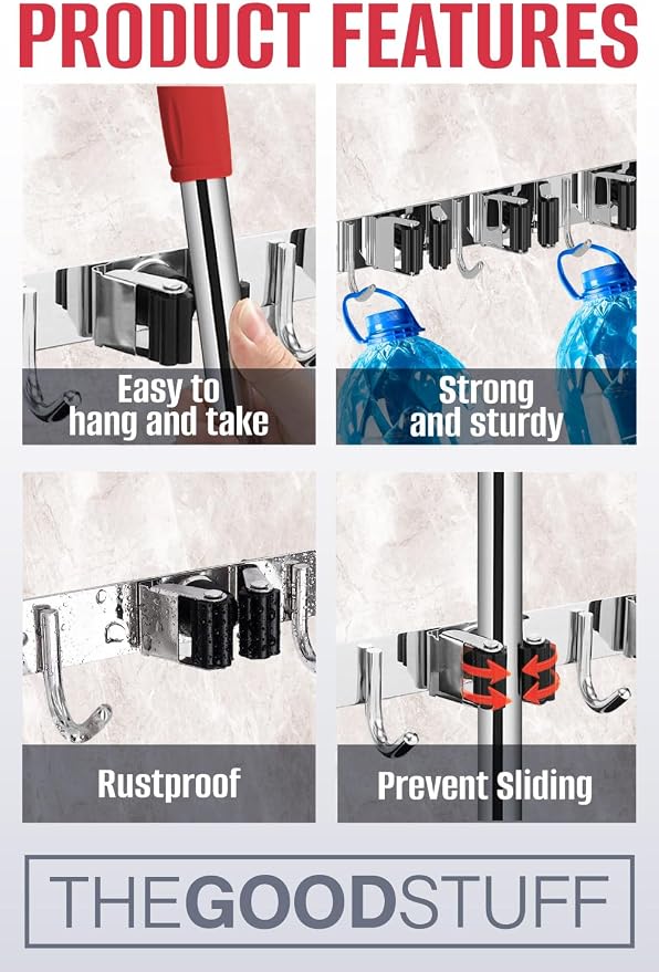 The Good Stuff Compact Mop and Broom Holder Wall Mount – Stainless Steel Organizer with 3 Racks and 2 Hooks – Rust-Resistant, Space-Saving Tool Hanger for Closet, Kitchen, Garage, or RV (Pack of 2)