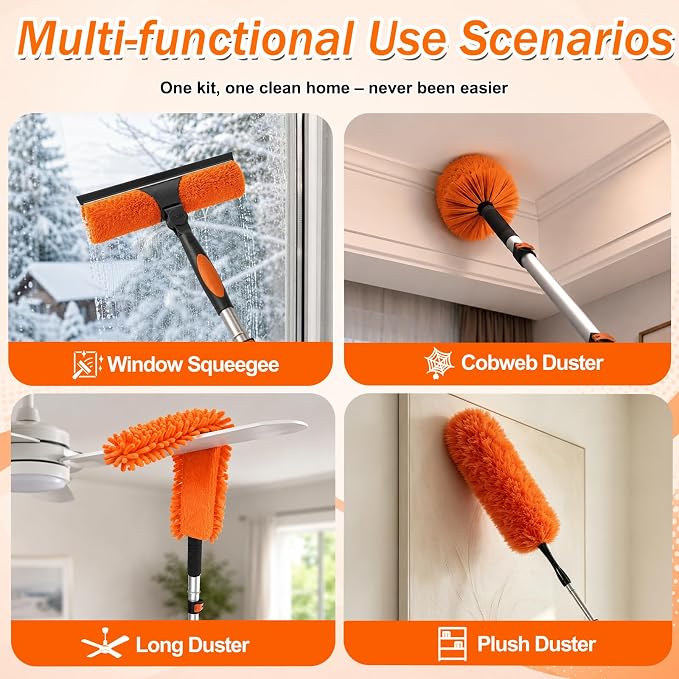 SISUPASSIE 20FT Reach High Ceiling Duster Kit, Window Cleaning kit with 3-12FT Extension Pole, Fan Duster for Ceiling Fan Blades, Microfiber Feather Duster, Rotatable Window Squeegee and Cobweb Duster