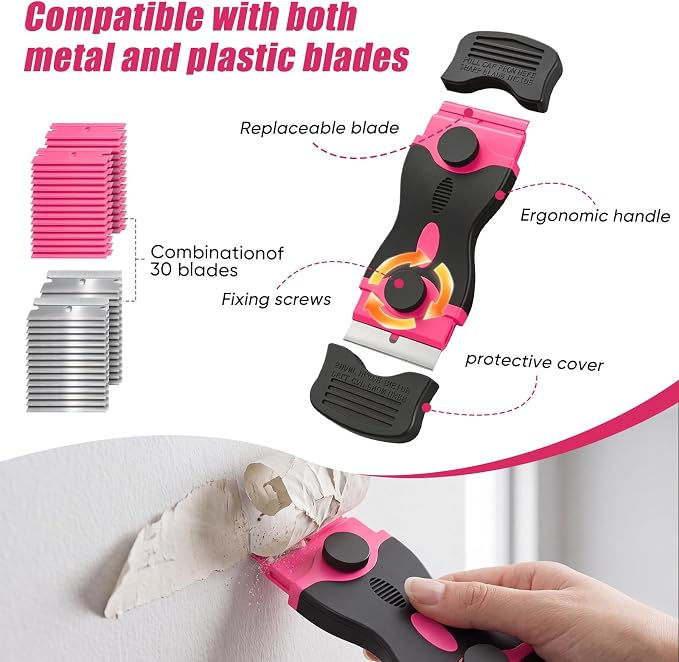 2 Pack Double-Ended Razor Blade Scraper, 30 Blades(pink) | Multi-Purpose Tool for Glass, Cooktop, Sticker Removal, Paint & Gum Cleaning