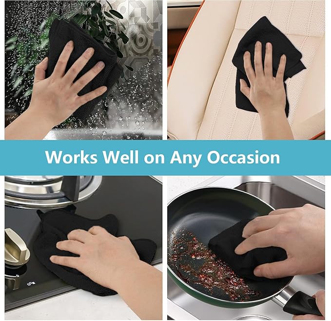 HOMEXCEL 100PK Microfiber Cleaning Cloth, Cleaning Rag for Home, 11.5x11.5 | Reusable, Lint Free, Scratch-Free and Highly Absorbent Towels for Kitchen, Window and Glass, Cars, Black