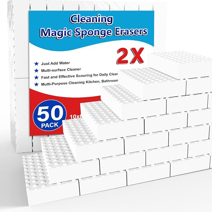 SmilinFit Magic Sponge Erasers, 50 Pack 2X Density Stronger Melamine Sponge Foam Pads, Multi-Functional Household Cleaning Supplies Cleaner for Kitchen, Bathroom, Bathtub, Sink, Wall Cleaner