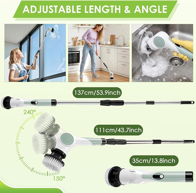 Cordless Electric Spin Scrubber with 10 Replaceable Heads and Long Handle | 3 adjustable lengths, 3 adjustable speeds, 90‑minute runtime, 10 Heads, Waterproof Design for tubs, floors, grout, and cars