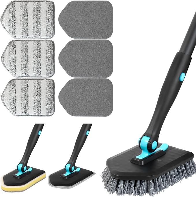 3 in 1 Scrub Cleaning Brush with Long Handle 51'' - Shower Bathtub (Black) | Tub & Tile Scrubber Brush of 1 Stiff Brush Head & 3 Scouring Pads & 3 Microfiber Clothes, for Wall Bathroom Glass Bathtub