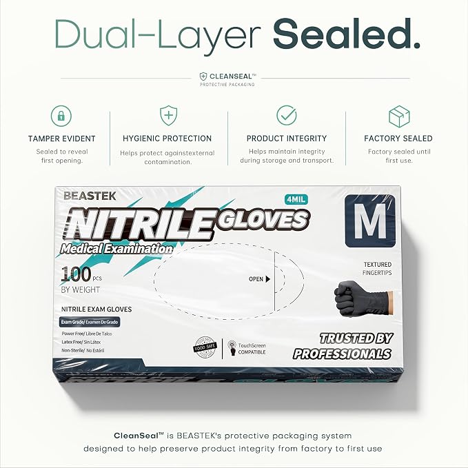 Black Nitrile Exam Gloves, 4 Mil, Powder-Free Food Prep Disposable | Soft+ • Powder-Free • Latex-Free • Medical • Examination • Cooking • Cleaning • Food Prep • Tattoo • Black • 100 Ct & 1000 Ct