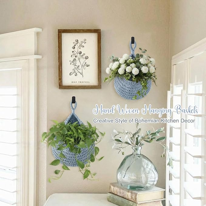 3 Hanging Baskets,Light Blue,Teardrop,Cotton Rope | Wicker Wall Baskets with Hooks for Fruit Vegetable Onion Storage, Teardrop Organizer for Kitchen, Boho Farmhouse Decor