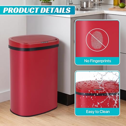 BLKMTY 13-Gallon Stainless Steel Trash Can with Lid, Red, 50L | 50 Liters Garbage Can, Touchfree Motion Sensor Garbage Bin, Tall Automatic, For Home Office Bathroom