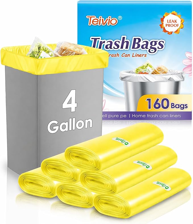 Teivio Small Yellow Trash Bags 4 Gallon 160 Count Kitchen Garbage Bags | Fit 12-15 Liters,3.5,3.8,4,4.5Gal,Multicolor Mini Plastic Waste Basket Bins Can Liners for Bathroom Office Car dog poop bags