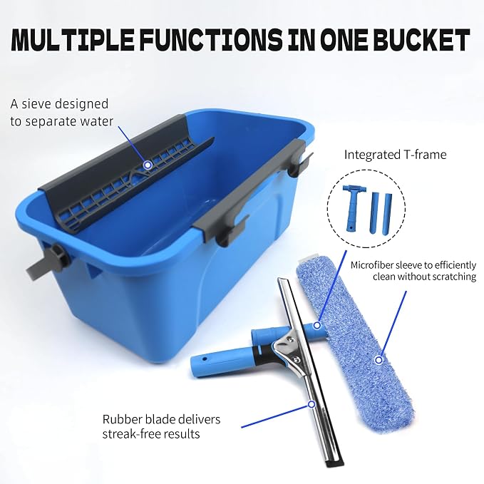 Window Cleaning Kit with Bucket,Squeegee for Window Cleaning | 3 Gallon Storage Bucket,14" Window Squeegee and Microfiber Scrubber, Window Cleaning Tool for Home, Outdoor, Commercial