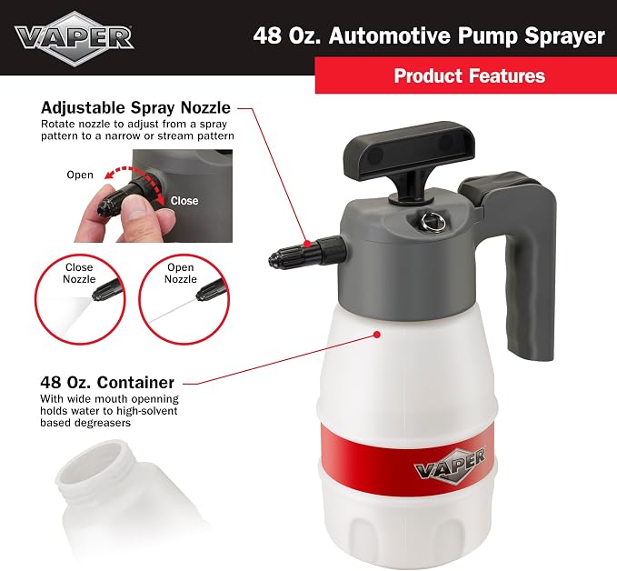 Vaper 19495 48oz Automotive Pump Sprayer, Pressurized Sprayer with Durable, High-Density Polyethylene Construction, Adjustable Nozzle for Multiple Spray Patterns