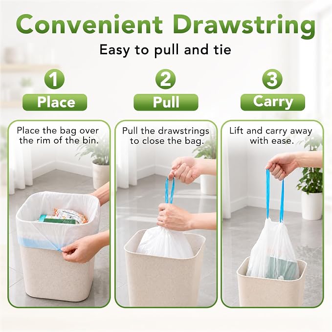 Delxo 1.6 Gallon Small Drawstring Trash Bags Mini Garbage Bags 60 Counts | Code Fit 1.2 - 2.0 Gallon Bathroom Trash Can Bin Liners, 4.5-8 Liter Plastic Garbage Bag for home office kitchen, White