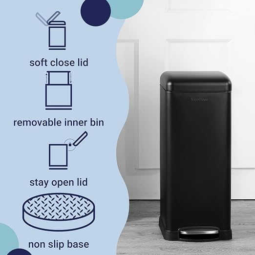 happimess Betty 8 Gal Step Trash Can Soft-Close Lid, Charcoal Black | Fingerprint Resistant, Removable Liner, Semi-Rectangular, Steel Pedal, Iron Powder Coated, 27" Height, Non-Skid Base