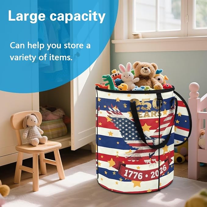 American Eagle Collapsible Trash Can for Outdoor 24 Gallon Foldable Garbage Bin with Lid, Heavy Duty Waterproof Trash Bag Holder for Camping, RV Travel, 4th of July Decor,