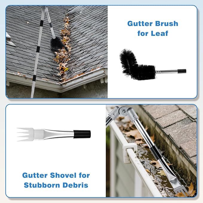 13FT Gutter Cleaning Tool from The Ground No Ladder Needed | Adjustable Length Gutter Cleaner Pole with 180° Pivoting Head, Replaceable Brush & Shovel for Leaves, Debris