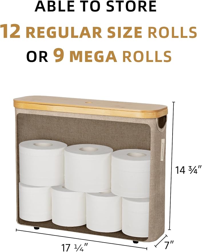 StorageWorks Toilet Paper Storage Basket with Bamboo Lid & Window | See Rolls at a Glance with Clear Window, Holds 12 Regular or 9 Mega Rolls for Bathroom Toilet Paper Storage, Brown