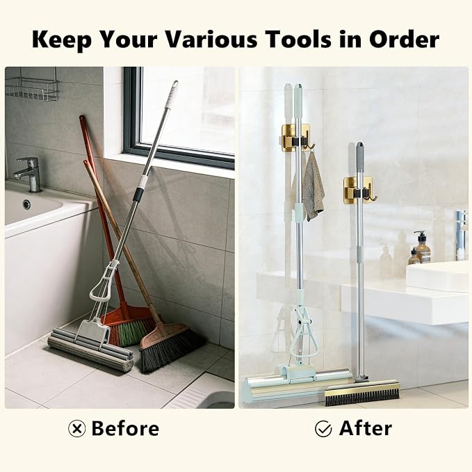 Mop and Broom Organizer Wall Hanging No Drill,Metal Utility Tool Hangers Wall Mountable,Garage Closet Organizer Heavy,Storage Rack Self Adhesive 2Pcs for Bathroom, Kitchen, Office,Laundry.Gold