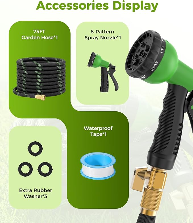 75ft Garden Hose，Non-Expandable Water Hose with 8 Function Spray Nozzle, Burst-Resistant，Kink-Free，Lightweight，Durable & Flexible 3/4" Garden Hose for Gardening, Yard，Lawn, Car Washing